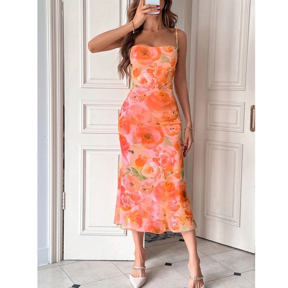 Orange Floral Rose Mesh Midi Dress Cami, Spaghetti Straps Lined, Stretchy - Picture 4 of 8